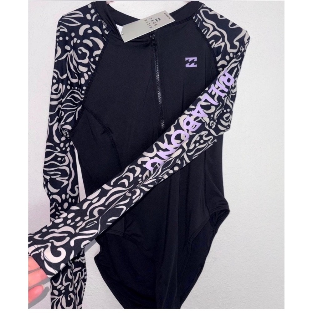 Billabong Rash Guard One Piece Swimsuit XL Black White New Long Sleeve Half Zip